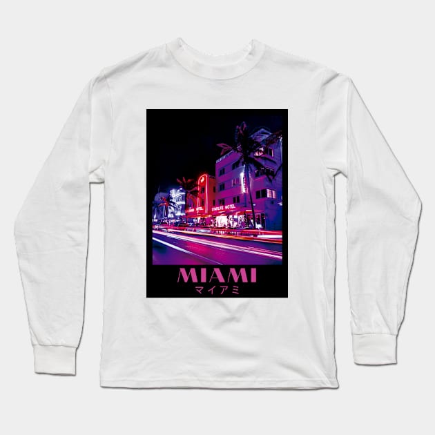 Miami Cyberpunk Vaporwave Outrun Aesthetic Long Sleeve T-Shirt by Ferrazi